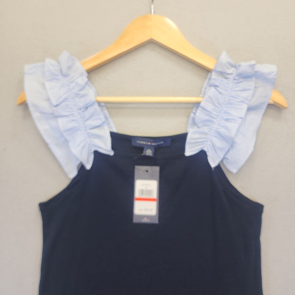 Tommy Hilfiger‎ Ruffle Shoulder Tank Top Navy Blue Striped Straps XS NWT Preppy - Picture 3 of 10